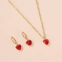 Golden necklace & earrings set with red heartNecklaces