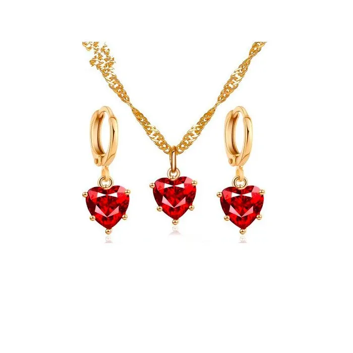 Golden necklace & earrings set with red heartNecklaces