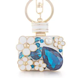 Perfume bottle with crystals and flowers - keychainKeyrings