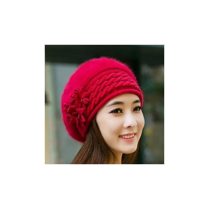 Knitted beret - a warm fur hat with decorative flowersHats & Caps