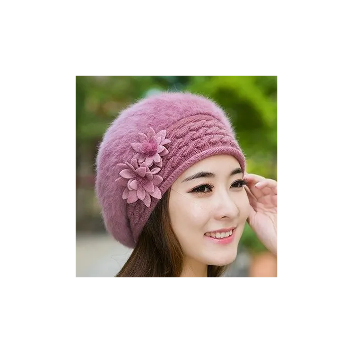 Knitted beret - a warm fur hat with decorative flowersHats & Caps
