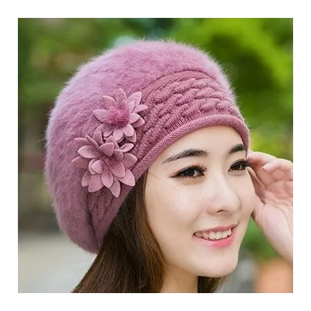 Knitted beret - a warm fur hat with decorative flowersHats & Caps