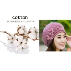 Knitted beret - a warm fur hat with decorative flowersHats & Caps