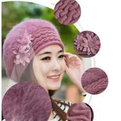 Knitted beret - a warm fur hat with decorative flowersHats & Caps