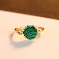 Fashionable gold ring with green malachite & crystal - 925 sterling silverRings