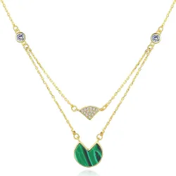 Gold necklace with malachite & zircons - double chain - 925 sterling silverNecklaces
