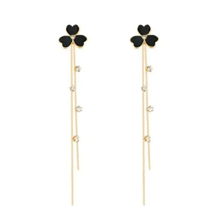 Black clover with crystals - double chain - long earringsEarrings