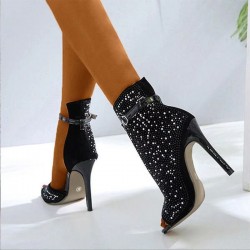 Black glitter ankle high heels - with an ankle strap - half open designPumps