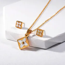 Jewellery set - necklace & earrings - square pendant - flowers with white shellNecklaces