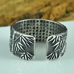 Buddhism sutra - bamboo leaves - ring - resizable - 925 sterling silverRings