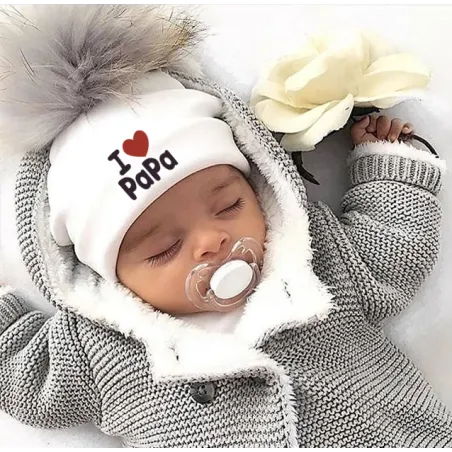 I Love Mama & Papa - warm cotton hat with pom pom - for newborns / kidsHats & caps