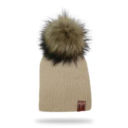 Knitted beanie with pom pom / leather label - unisex - for kids / adultsHats & caps