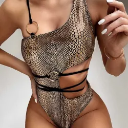 Sexy bikini / one piece swimming suit - with decorative rings - snake skinBeachwear