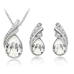 Austrian crystal feather / water drop - necklace / earring / bracelet - jewellery setNecklaces