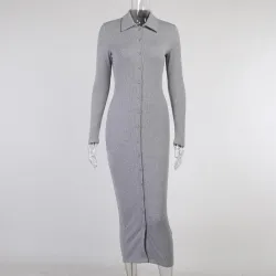 Fashionable button up dress - ankle length - long sleeve - v-neckDresses