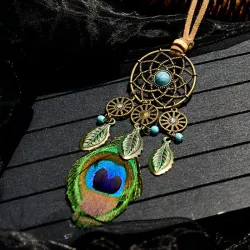 Long necklace with peacock feather - dreamcatcher - leather ropeNecklaces