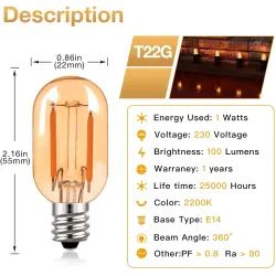 Vintage LED bulb - Edison tube - T22 - 2200K - E12 / E14 - 1W - dimmable - amber glass - 5 piecesE14