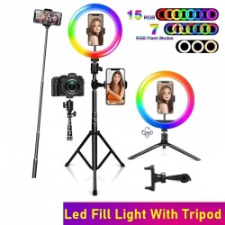 Selfie LED ring - RGB - dimmable fill light - with tripod - for photography / makeup / videoTripod