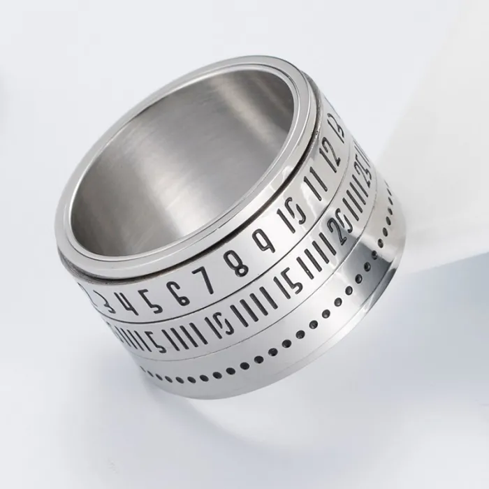 Titanium ring with arabic numerals & time rotating - calendarRings