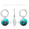 Blue sea life - round double sided glass keychain - turtle / dolphin / seashellsKeyrings