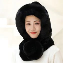 Fur winter hat with scarf - balaclava with pom pomScarves