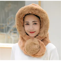 Fur winter hat with scarf - balaclava with pom pomScarves