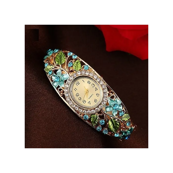 Elegant crystal bracelet - with a watch - colorful flowers - hollow out designBracelets