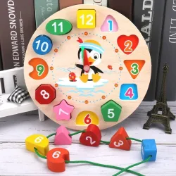 Educational toy - wooden digital clock - with geometric blocksWooden