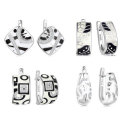 Trendy earrings with cubic zirconia - black / white enamel pattern - original 925 silverEarrings