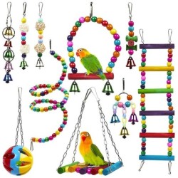 Toys for birds / parrots - cage - swing - hanging bridge - wooden beads - 10 piecesBirds