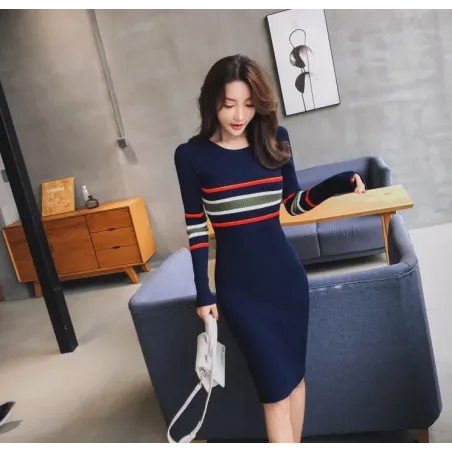 Elegant striped pencil dress - with long sleeveDresses
