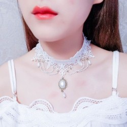 Fashionable white lace short necklace - with chains / pearls - Gothic styleNecklaces