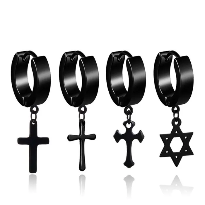 Small round earring - with cross / star - unisex - stainless steel - 1 pieceEarrings