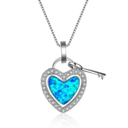 Heart shaped pendant with blue opal / crystals / key - with chainNecklaces