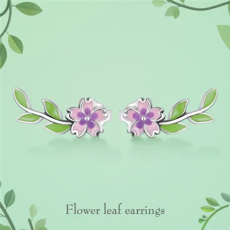 Purple-pink flower /green leaf - elegant earrings - 925 sterling silverEarrings