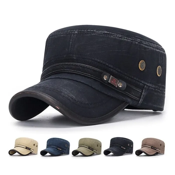 Retro flat hat with visor - washed cotton / leather-trimmedHats & Caps