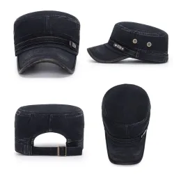 Retro flat hat with visor - washed cotton / leather-trimmedHats & Caps