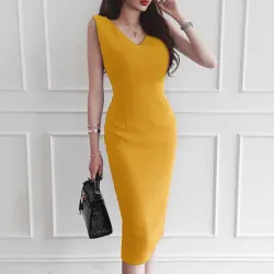 Elegant yellow dress - with V-neck / back slit / sleevelessDresses