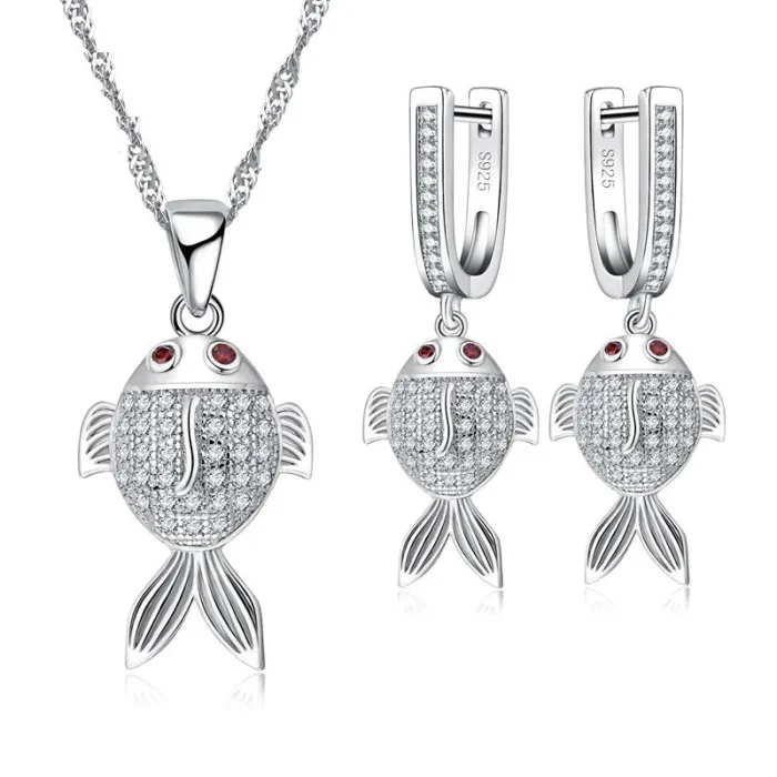 Stylish jewellery set - necklace - earrings - red eyed fish - 925 sterling silver - cubic zirconiaJewellery Sets