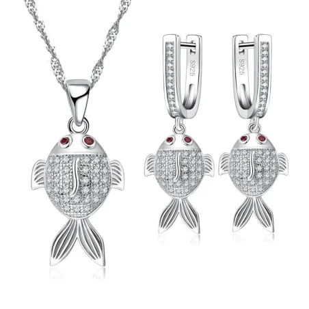 Stylish jewellery set - necklace - earrings - red eyed fish - 925 sterling silver - cubic zirconiaJewellery Sets