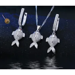 Stylish jewellery set - necklace - earrings - red eyed fish - 925 sterling silver - cubic zirconiaJewellery Sets