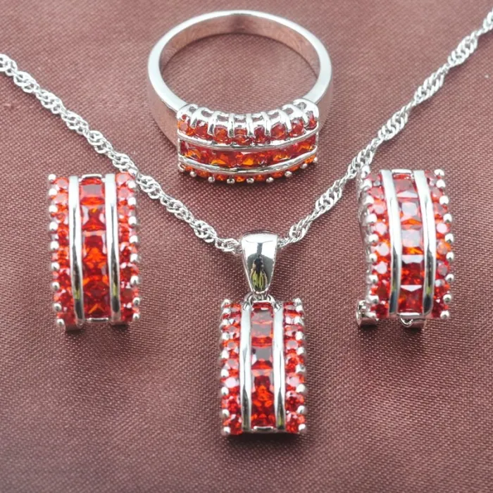 Elegant jewellery set - with red zirconia - necklace - earrings - ringJewellery Sets