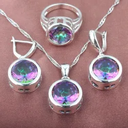 Fashionable silver jewellery set - with round zirconia - necklace - earrings - ringJewellery Sets