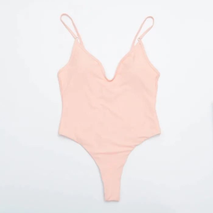 Sexy one-piece swimsuit - ribbed - deep neckline - with push upBeachwear