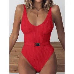 Sexy one piece ribbed swimsuit - Brazilian monokini - with beltBeachwear