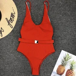 Sexy one piece ribbed swimsuit - Brazilian monokini - with beltBeachwear