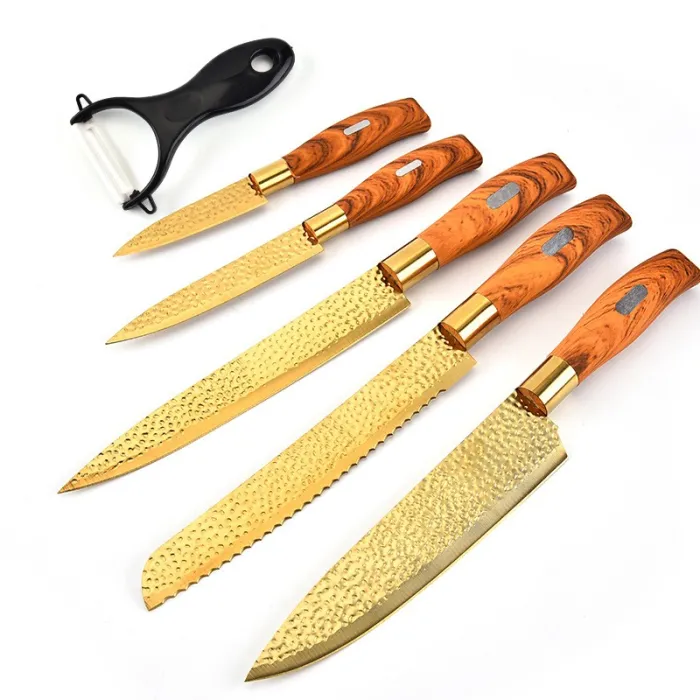 Professional gold plated kitchen knives - peeler - stainless steel - wooden handle - 6 pieces setSteel