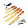 Professional gold plated kitchen knives - peeler - stainless steel - wooden handle - 6 pieces setSteel