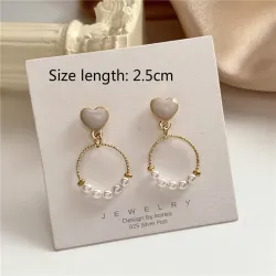 White heart earrings - round pearl pendantEarrings