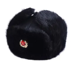 Men's bomber hat - black Russian ushanka - with earflaps - fur / leatherHats & Caps